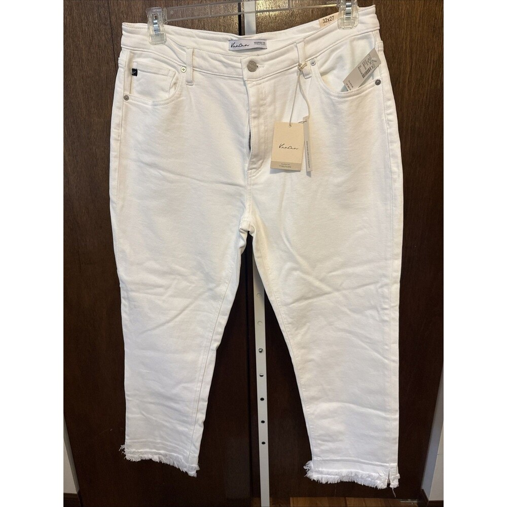 NEW KanCan Jeans Womens 32x27 13 White Tapered Leg High Rise Raw Hem Denim Pants